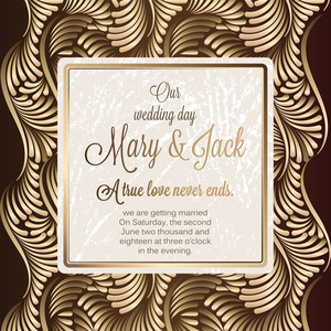 古色古香的巴洛克式的豪华婚礼邀请，黄金和巧克力棕色背景与框架和文本，以闪亮的梯度带花边的叶的地方