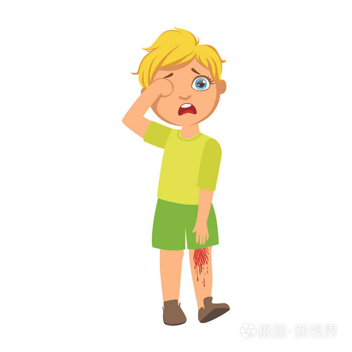 男孩与出血划伤膝盖,生病的孩子感到不适,因为生病