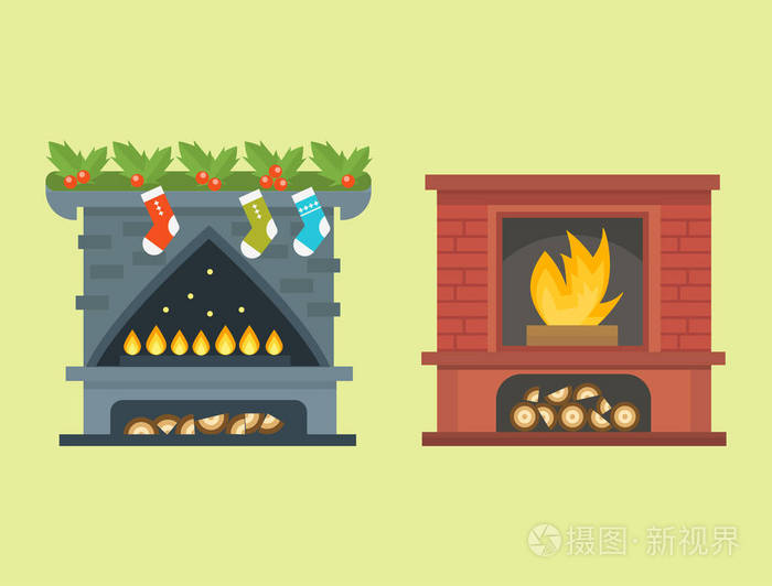 平面样式壁炉图标设计房子的房间温暖圣诞火焰明亮装饰