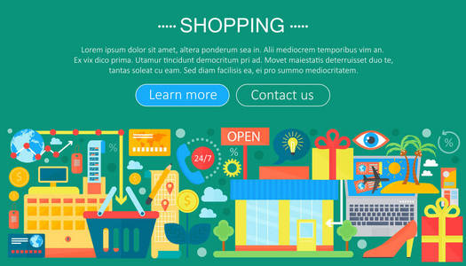 购物网上银行和电子商务购物的概念。在线电子商务信息图表模板设计，购物图标元素的网页标题。矢量图