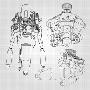 一组的几种类型的强大的汽车引擎。关在笼子里的白床单上的黑色线条画是发动机