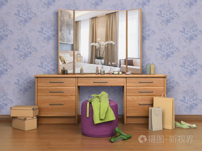 房间配备控制台镜子 框和鞋 3d 图