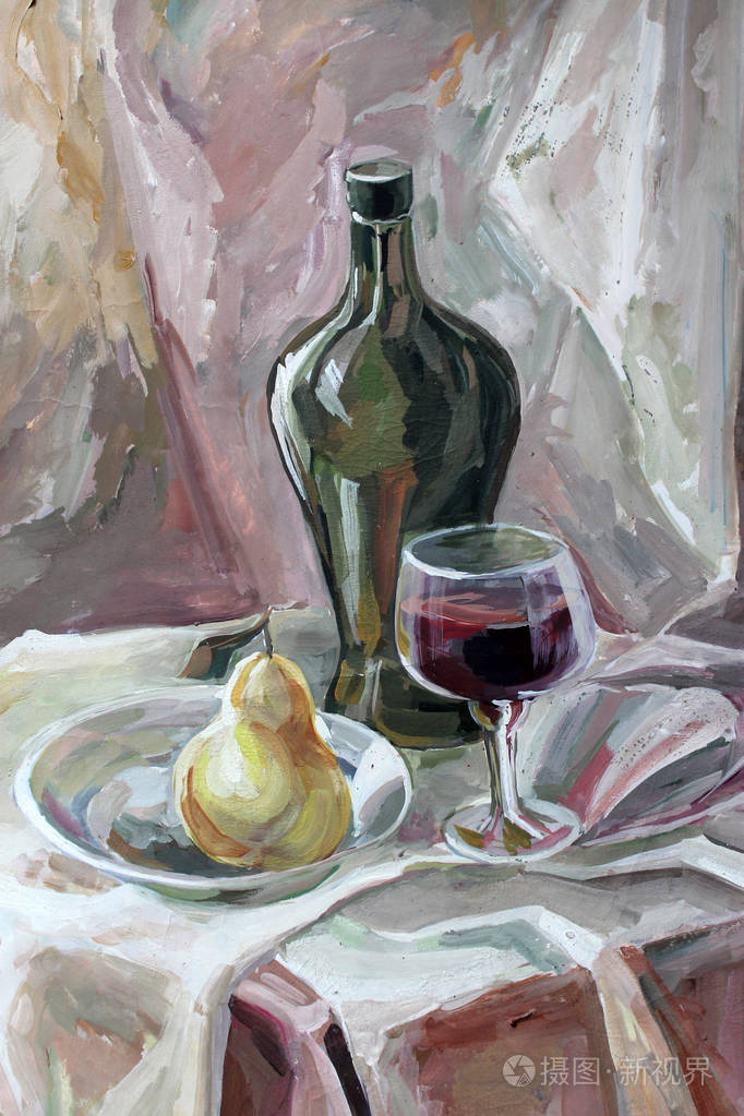 静物水粉颜色画瓶玻璃