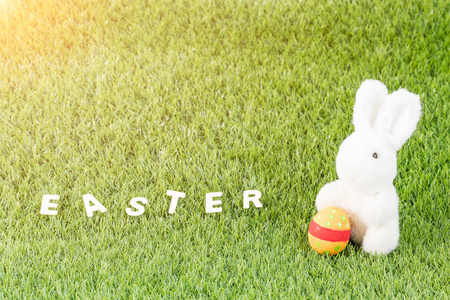 小兔子玩具和复活节彩蛋与文本