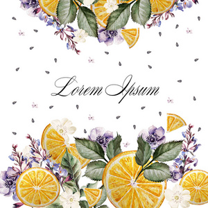 彩色水彩明信片或婚礼的邀请。薰衣草花香 海葵，与橙色水果