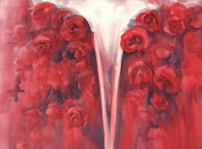 红玫瑰和瀑布水彩背景图片