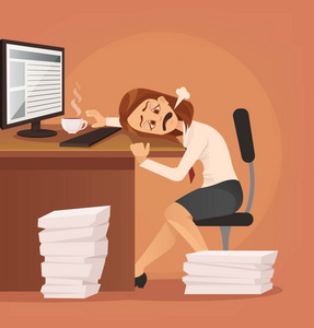艰苦的工作。累了不开心办公室工作者女人性格努力工作。矢量平面卡通插画