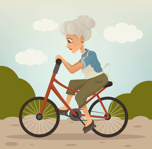 大妈快乐微笑的祖母字符骑自行车在公园里.矢量平面卡通插画插画