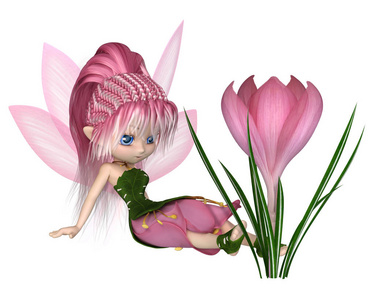 可爱的卡通粉红色的番红花的童话，坐在一朵花