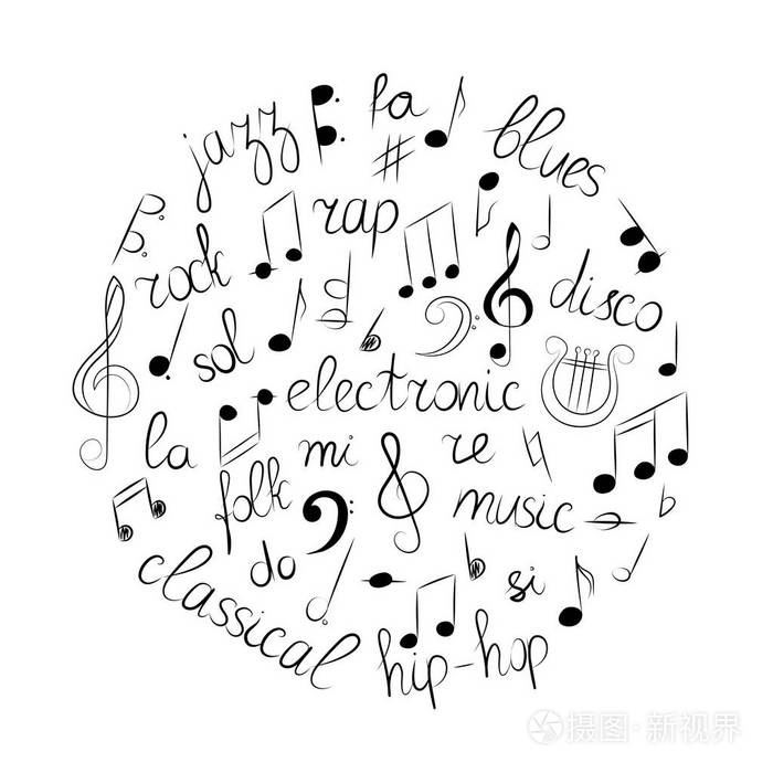 插画 教育 手绘的音乐符号集.