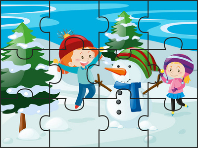 拼图游戏与女孩和雪人