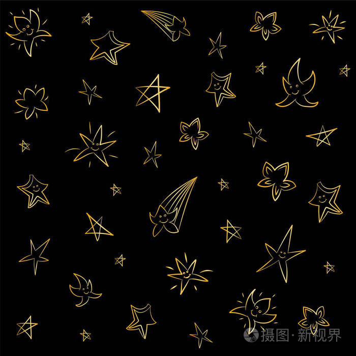 金手绘星星在黑色.儿童图纸的滑稽明星.素描样式