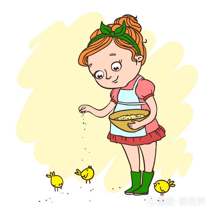 可爱的小女孩喂鸡
