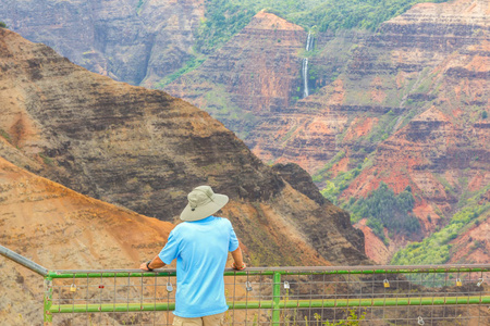 一个人享受怀梅阿峡谷了望，考艾岛，夏威夷的意见