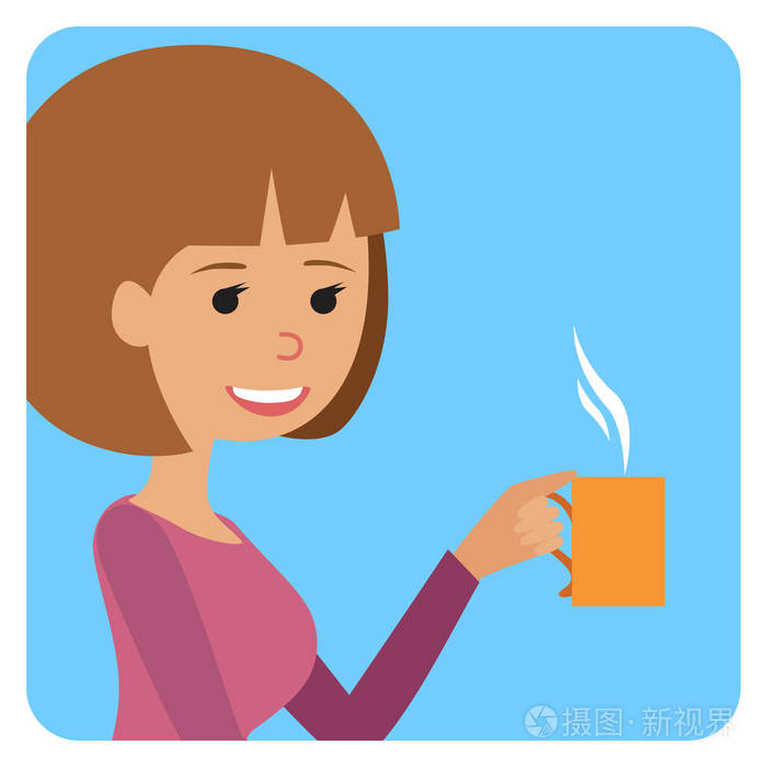女人在她的手喝热咖啡的杯.矢量图图标