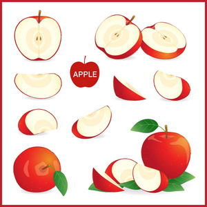 红苹果片，整，片中的，一半在矢量格式上白色孤立一套