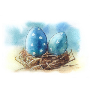 蓝色的复活节彩蛋在窝里。原始的水彩画
