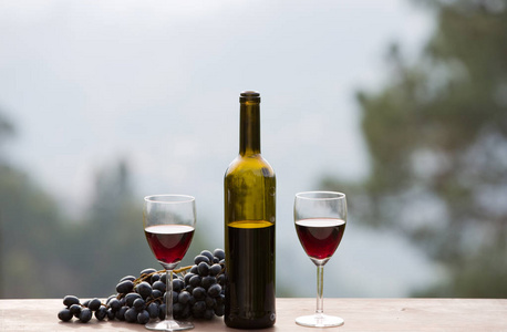 葡萄酒瓶和葡萄户外木制的桌子上