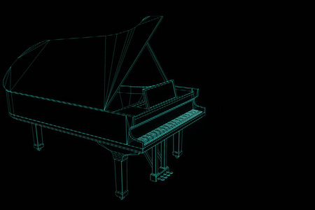 线框全息图的风格在 3d 音乐钢琴。漂亮的 3d 渲染