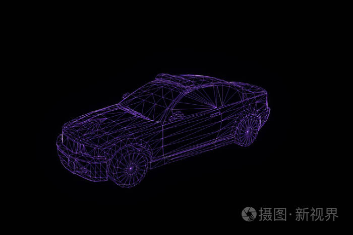 警车在全息图线框风格。漂亮的 3d 渲染