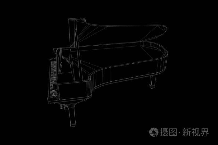 线框全息图的风格在 3d 音乐钢琴。漂亮的 3d 渲染