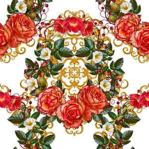 模式，无缝 花卉边框。加兰的花。美丽的橙色玫瑰 芽 叶 粗糙的布 帆布。金色的卷发，闪亮的窗饰编织。老式旧背景