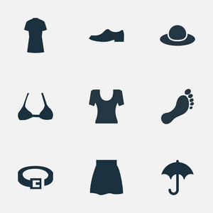 矢量图套简单的衣服图标。元素伞 裙子 餐厅和其他同义词的女人，伞和时尚