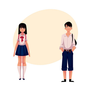 典型的十几岁日本学生，女生和男生，在典型的制服