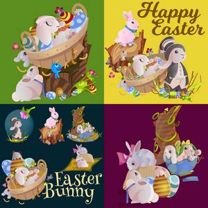 复活节彩蛋狩猎可爱小兔提着篮子套装饰花，可爱的兔子快乐的春天季节节日传统贺卡或白色背景上的横幅集合矢量图