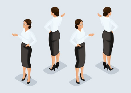 趋势等距人设置 1 3d 业务女人穿着商务套装 人的手势，前视图和后视孤立在明亮的背景上。矢量图
