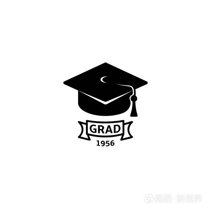 孤立的黑色和白色颜色学士帽与 word grad 徽标, 学生毕业统一标识