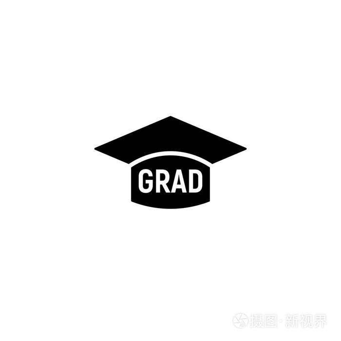 孤立的黑色和白色颜色学士帽与wordgrad徽标学生毕业统一标识教育元素