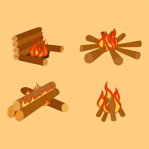 孤立地展示篝火的日志燃烧的篝火和木柴堆矢量