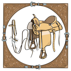 牛仔马鞍和马缰绳上白色背景的西方皮革框架中