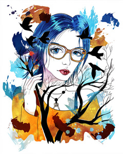 蓝色的头发和眼镜的漂亮女孩。树木和飞翔的鸟儿。时尚插画抽象背景