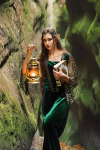 步行穿过森林有一本书和一盏灯笼的年轻漂亮女精灵