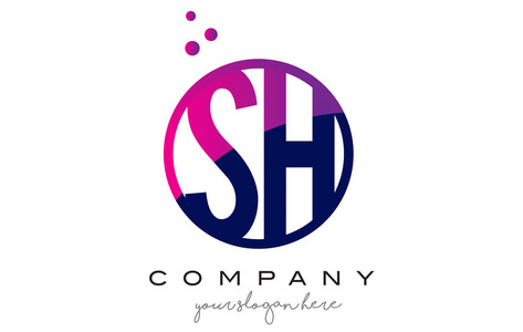 sh s h 圆字母标志设计带紫色点泡沫照片