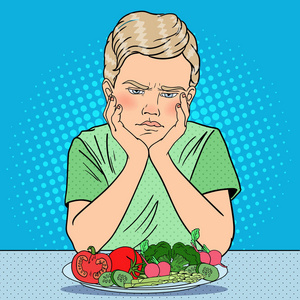 不快乐的小孩，与板的新鲜蔬菜。健康的饮食。波普艺术复古矢量图