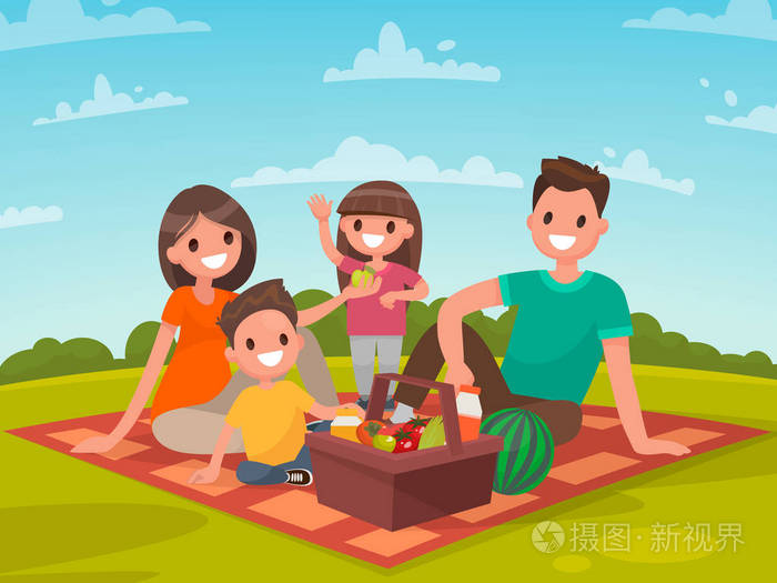 插画 幸福的家庭野餐.爸爸, 妈妈, 儿子和女儿休息.eps