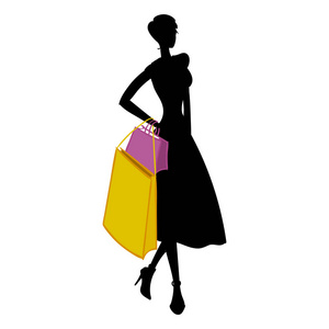 女人与不同彩色购物袋的轮廓。矢量图