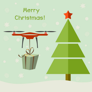 无人驾驶飞机送圣诞礼物在圣诞树下