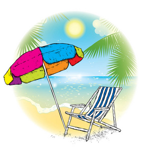 多彩多姿的伞和贵妃反对海滩。大海 天空 太阳和棕榈树在已设计好的明信片或广告。上一个主题的假期和休息的矢量图