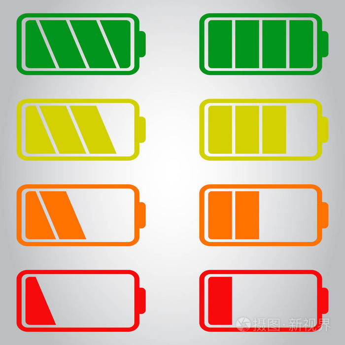 电池图标矢量设置上孤立的灰色背景符号的电池电量水平充分低程度的