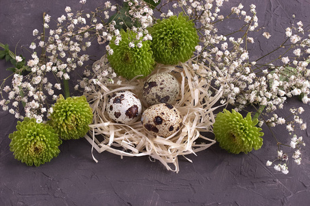 复活节，复活节彩蛋在鸟巢上的灰色的具体背景