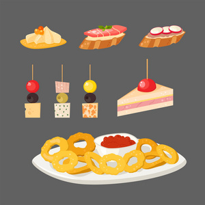 各种肉烤面包片小吃开胃菜鱼和奶酪宴会点心拼盘矢量插图