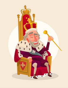 快乐的微笑国王人性格坐在宝座上.矢量平面卡通插画照片