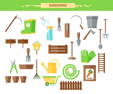 园艺工作工具平面图标设置。在花园 手套 整枝 种子 修枝 铲 喷壶中工作的设备。平面矢量图。一套图标