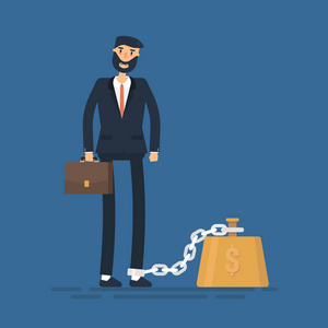 企业负担商人用枷锁拴在他沉重的债务负担上. 商人公司奴隶制概念.