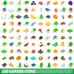 100 花园图标集，等距 3d 风格