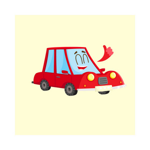 可爱又搞笑的红色汽车，汽车字符显示大拇指